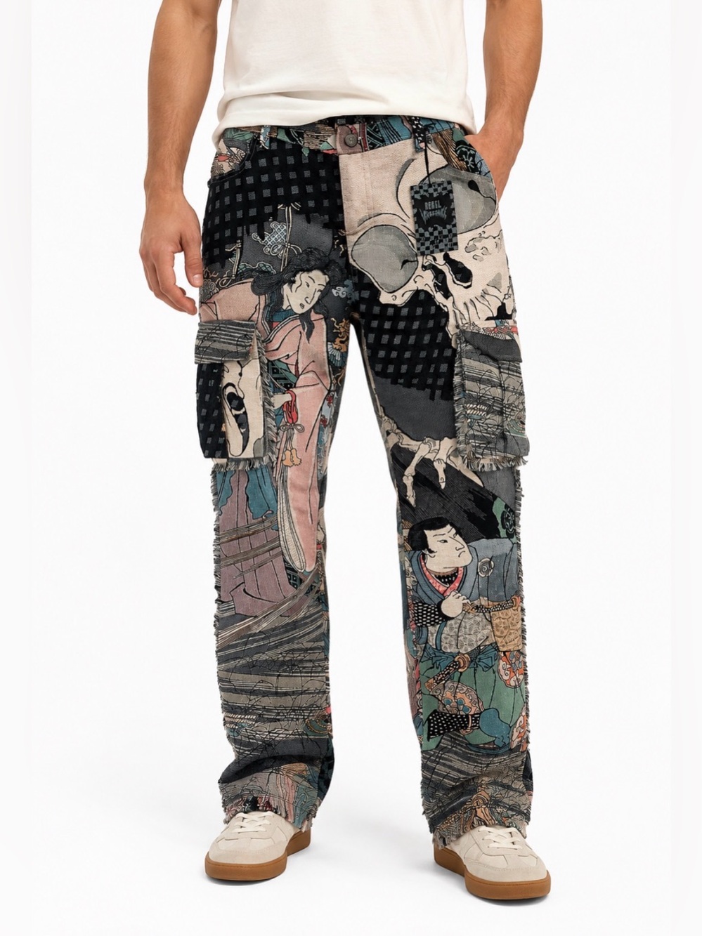 Rebel Vengeance Japanese Samurai and skull tapestry cargo pants